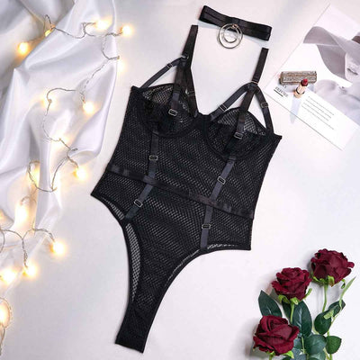 Sexy Lace Bodysuit with Choker - Slim Fit and Steel Ring Support