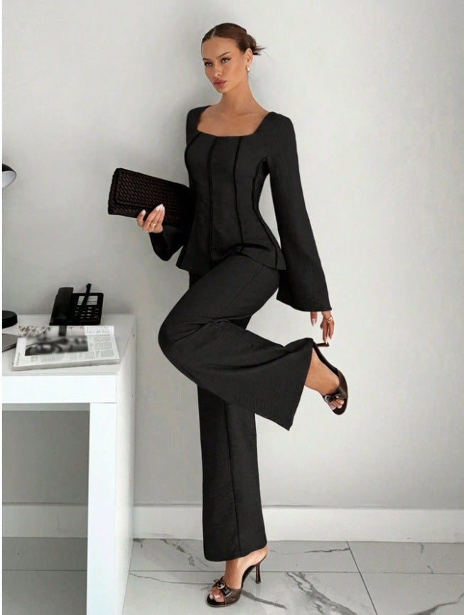 Black wide-leg pants set with square-neck shaped top and flared sleeves