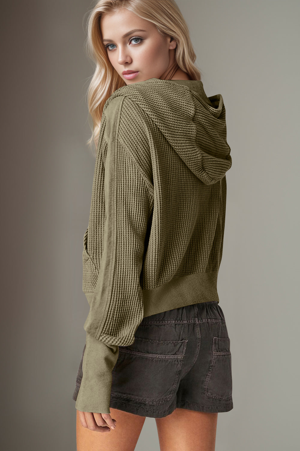 Double Take Waffle-Knit Zip Up Long Sleeve Hooded Jacket - Fashions Envy