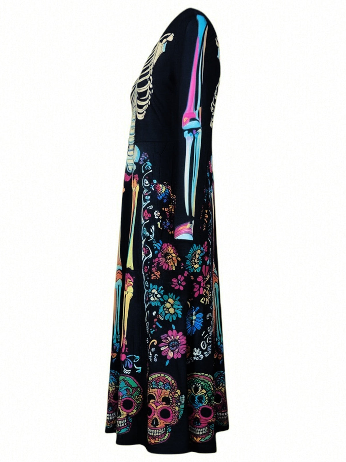 Black long-sleeve midi dress with neon skeleton, skulls, and colorful border print