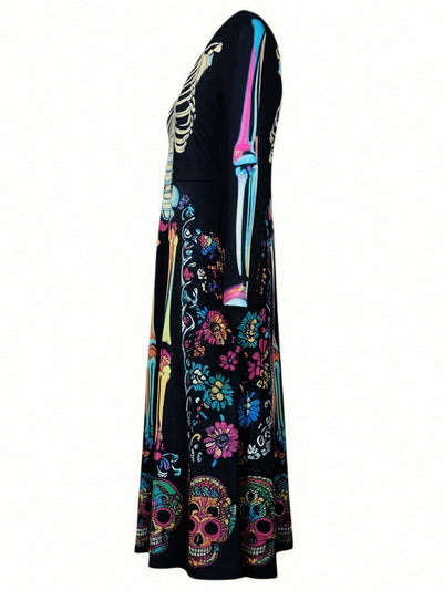 Black long-sleeve midi dress with neon skeleton, skulls, and colorful border print