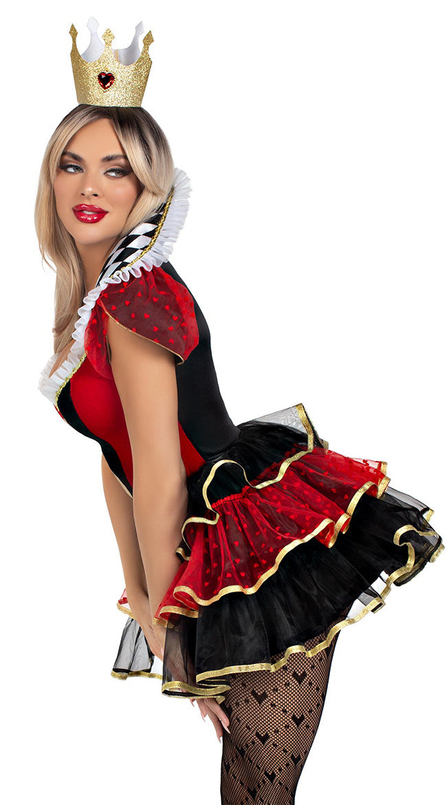 Queen costume: black-and-red dress with heart accents, tiered ruffle skirt, diamond collar