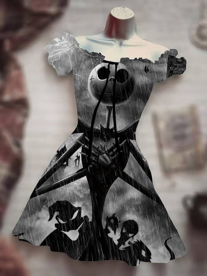 Skull Print Drawstring Dress - 3D Halloween Outfit