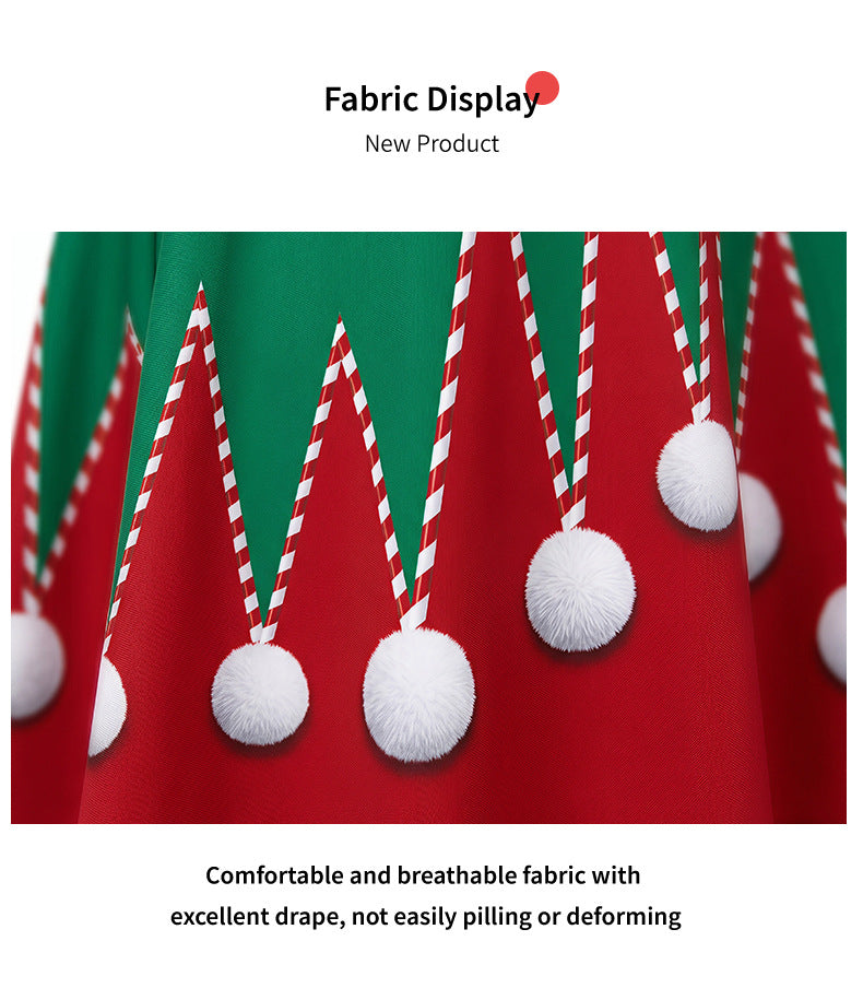 Red skirt panel with green accents and white pom trim on elf costume dress