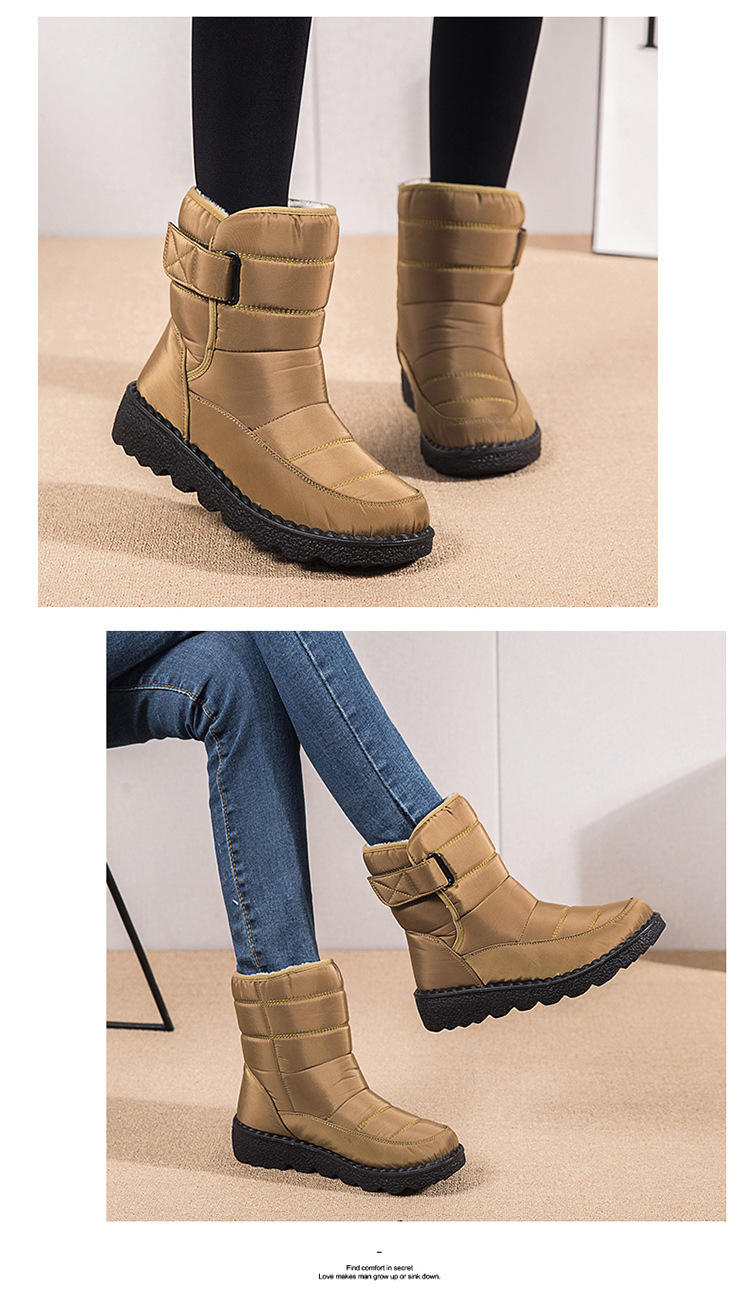 Quilted winter ankle boots in tan with plush lining and buckle straps