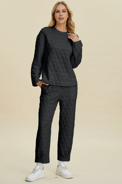 Double Take Full Size Texture Round Neck Long Sleeve Top and Pants Set - Fashions Envy