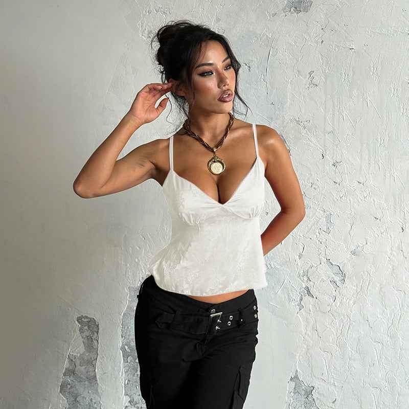 Satin Jacquard Slip Cami Top - V-Neck Loose Fit | Fashions Envy