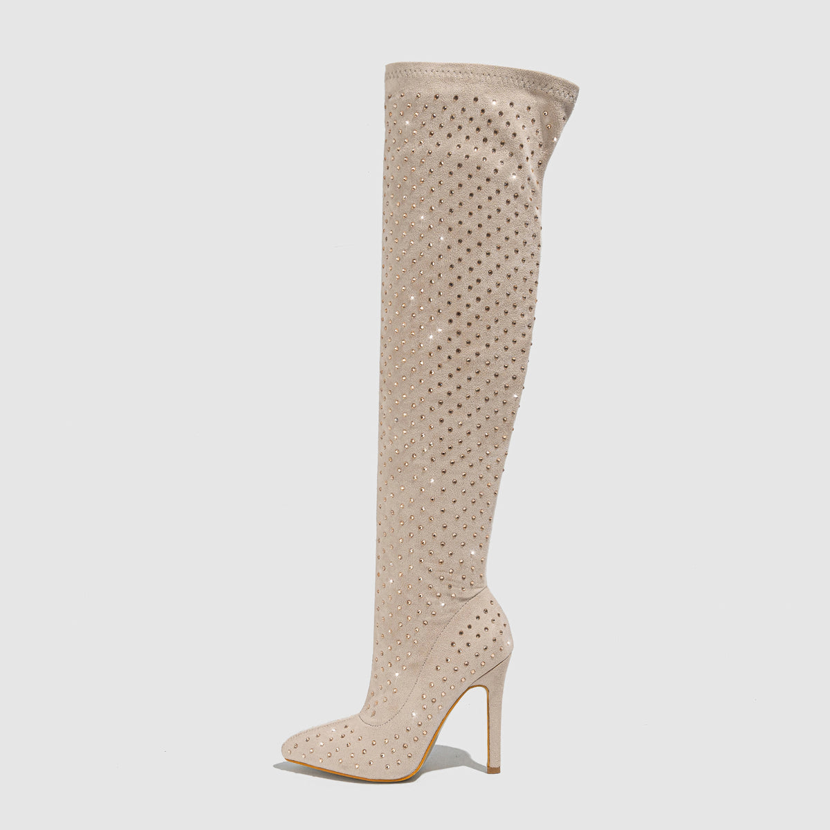 Apricot over-the-knee stiletto boots with allover sparkle