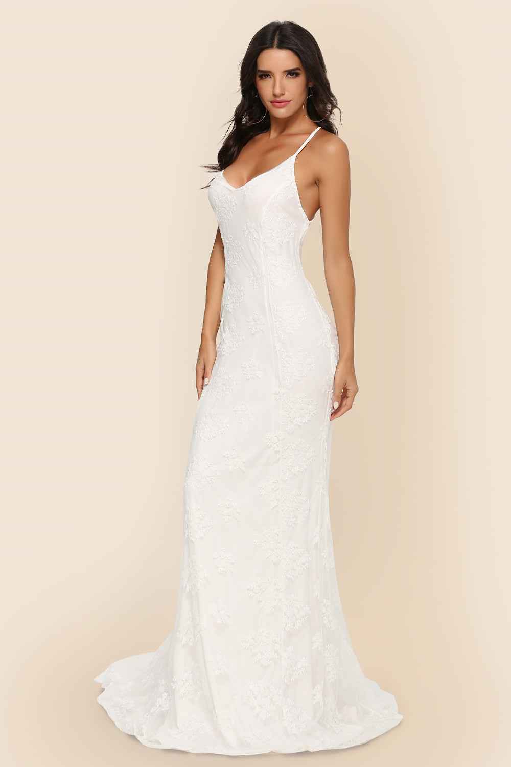 V-Neck Wedding Dress - Elegant Trailing Bridal Gown - Fashions Envy