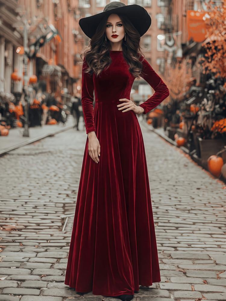 Dark red velvet maxi dress with long sleeves and flared skirt