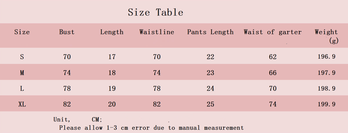 Lingerie size chart table with bust, length, waistline, and garter measurements