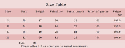 Lingerie size chart table with bust, length, waistline, and garter measurements