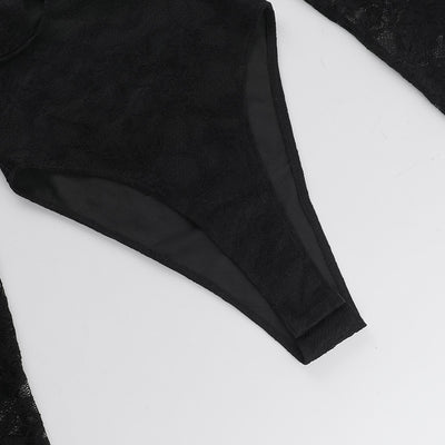 Black lace bodysuit sleeve with curved hem edge detail.