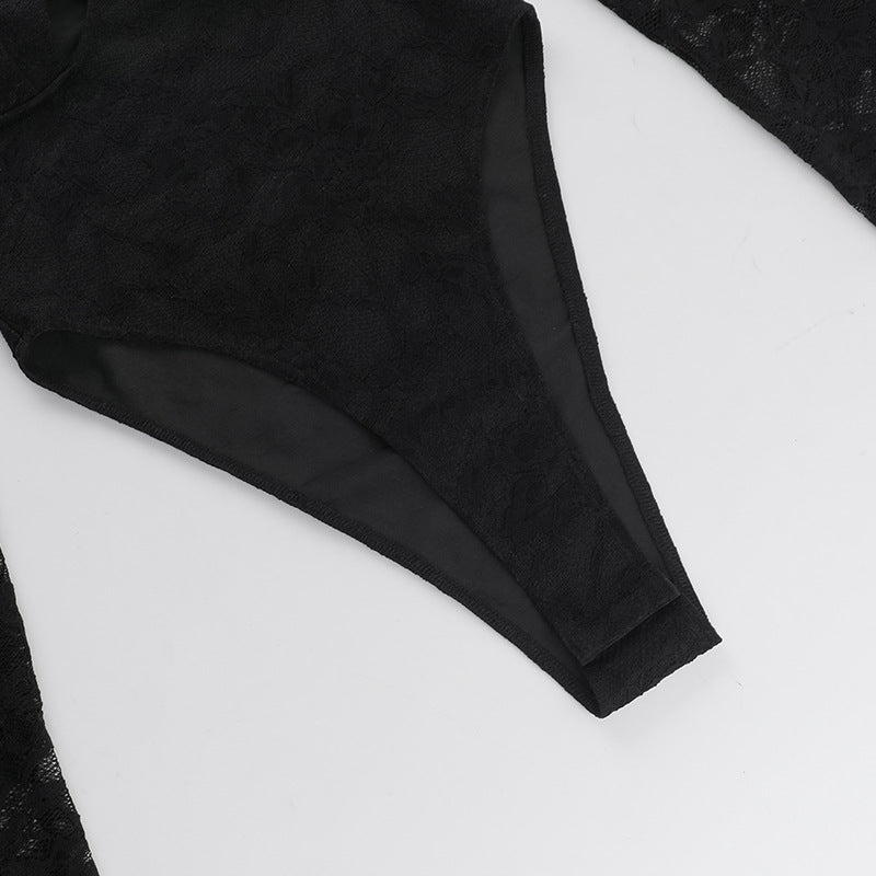 Black lace bodysuit sleeve with curved hem edge detail.