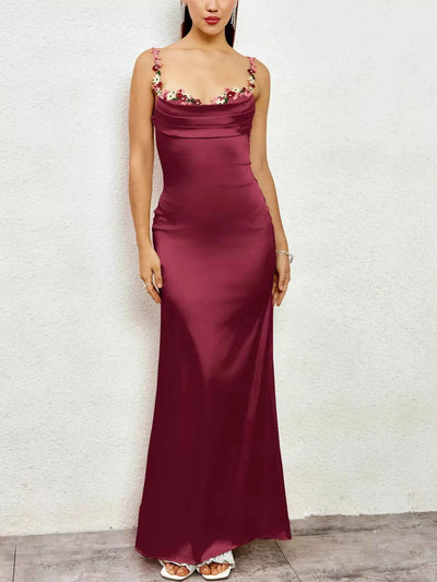 Floral Trim Satin Maxi Dress