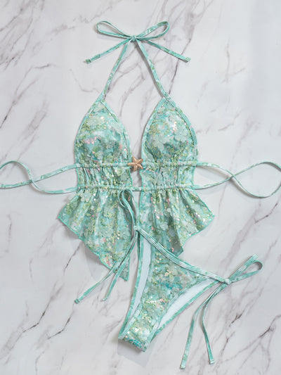 Aqua floral halter bikini set with peplum top, starfish accent and tie-side bottoms
