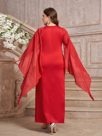 Red cape sleeve midi dress with sheer panel overlay and front slit