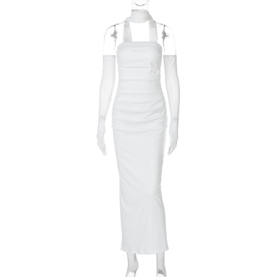Halter Neck Strapless Maxi Dress - Open Back Mesh Glove Column Gown
