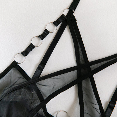 Mesh Garter Lingerie Set - Cross Straps And Ring Details