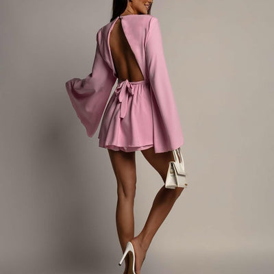 Open Back Mini Dress - Bell Sleeves & Tie-Waist Detail