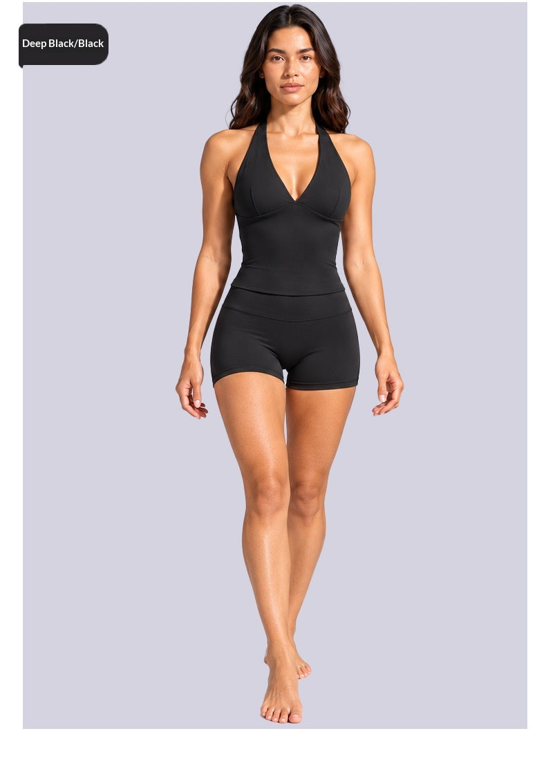 Halter V-Neck Yoga Top and Shorts - Choose Pieces or Set
