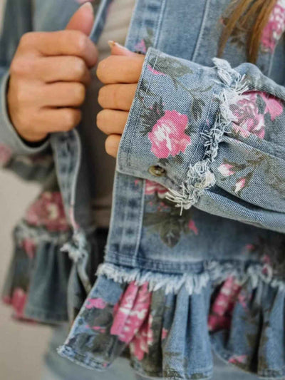 Retro Washed Floral Print Denim Jacket, Long-Sleeved, Collared, Ruffled Hem, Short Jacket