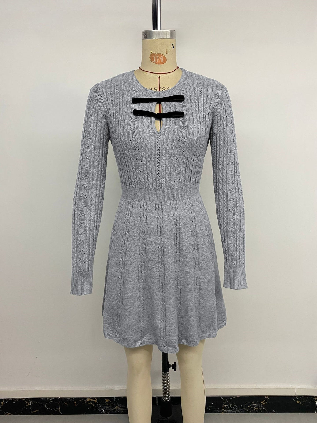 Cable-Knit Sweater Dress - Bow-Trimmed Keyhole Neckline