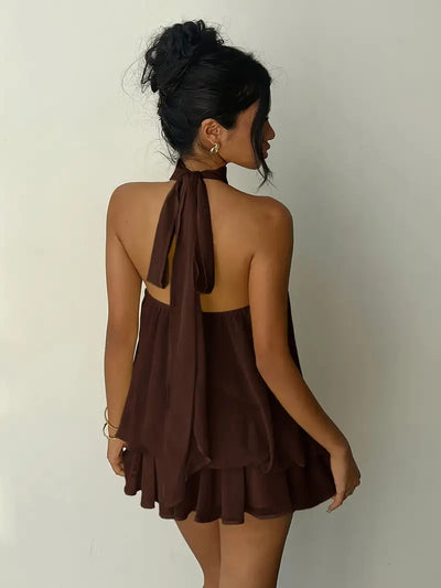 Backless Halter Neck Tiered Mini Dress - Chiffon Vacation Dress