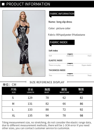 Halloween Skeleton Midi Dress - Spaghetti Straps & Slit