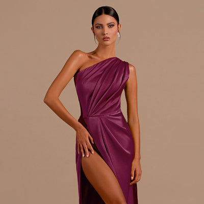Satin Evening Dress - Formal Slit One Shoulder - Fashions Envy