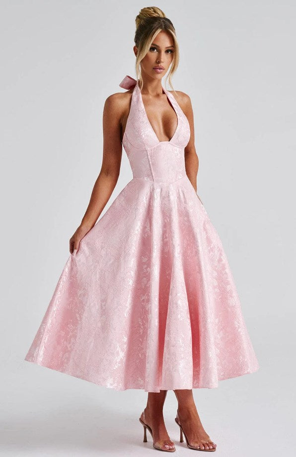 Jacquard Halter Midi Dress - Deep V Corset Waist A-Line Skirt
