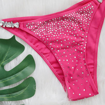 Hot pink rhinestone string bikini bottom with ruched edges