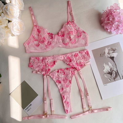 Floral Embroidered Garter Set - Lace Up Intimate Wear