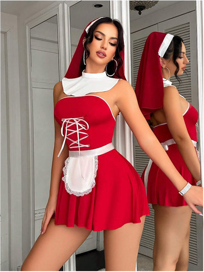 Backless Maid Costume Mini Dress Set - Lace-Up Apron Veil 5-Piece