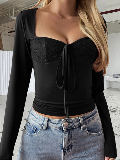 Sweetheart Lace Crop Top - Long Sleeve Cropped T-Shirt