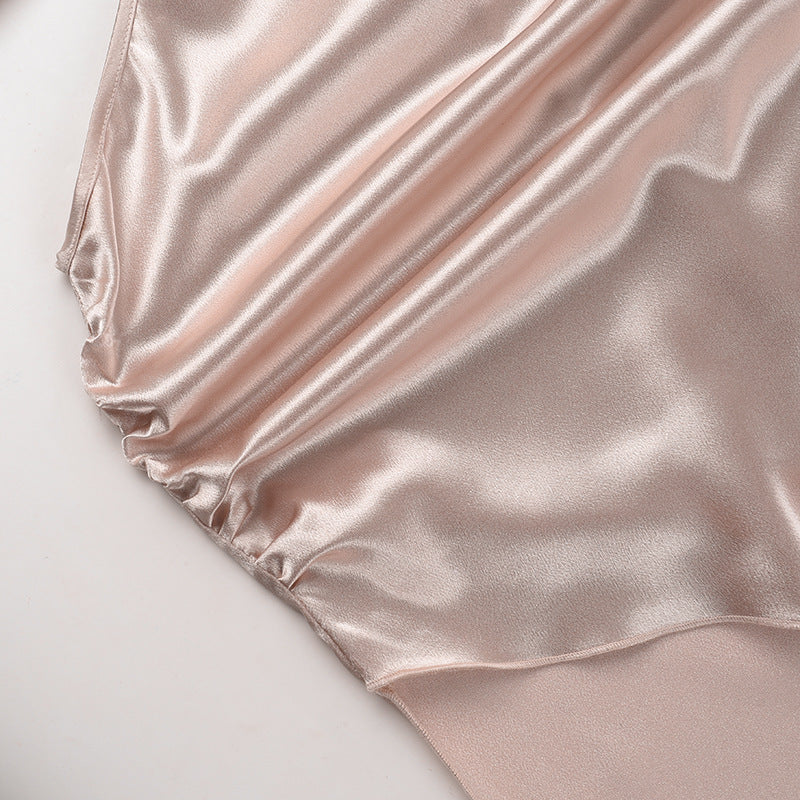 Champagne Satin Halter Maxi Dress - Cutout Waist Ruched Slit Mermaid Gown