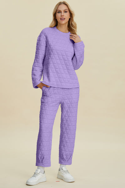 Double Take Full Size Texture Round Neck Long Sleeve Top and Pants Set - Fashions Envy