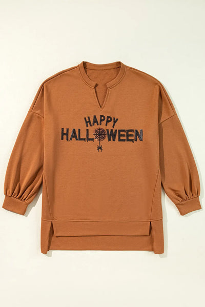 Sequin Letter Graphic Notched Long Sleeve Sweatshirt - Fashions Envy
