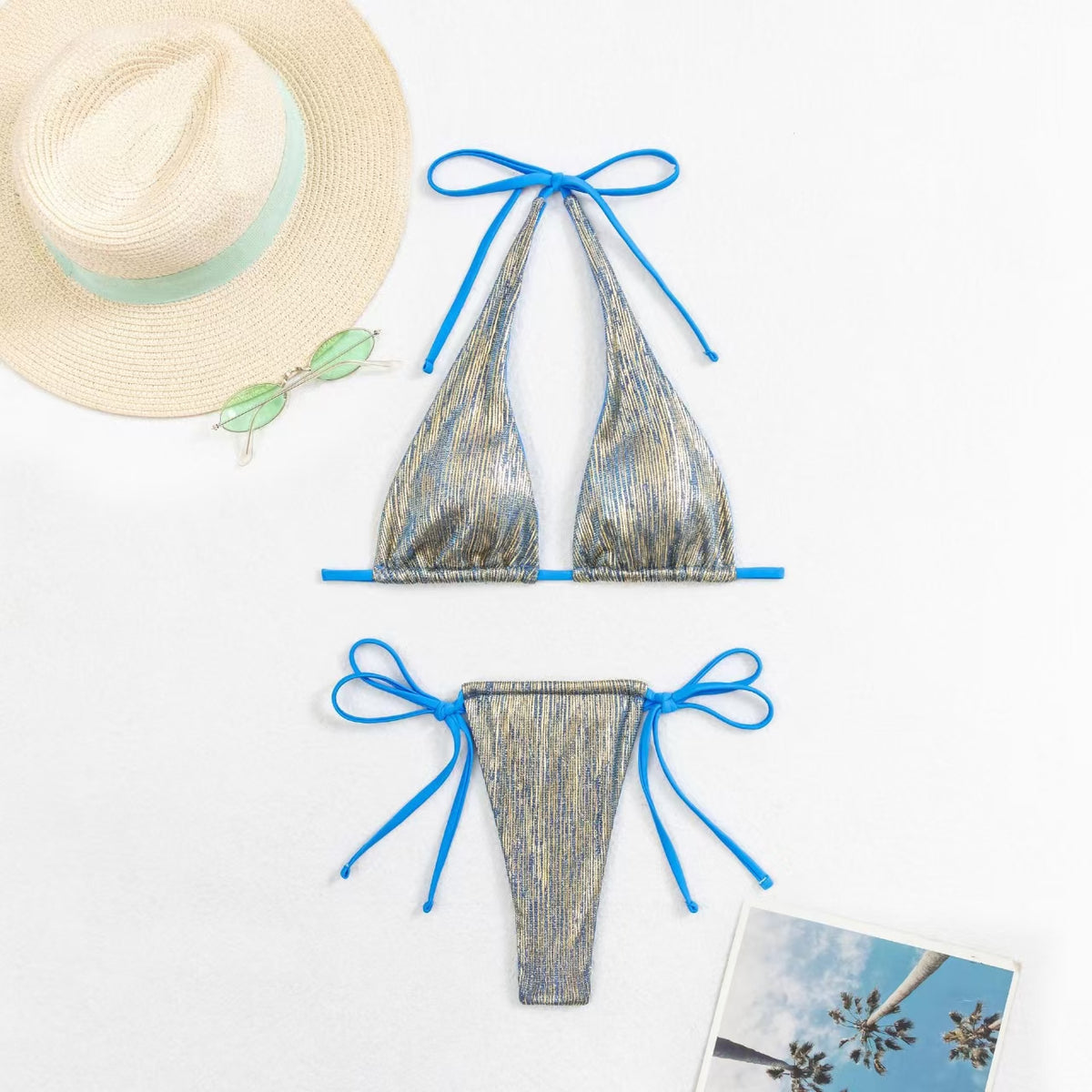 Sky-blue metallic triangle halter bikini set with bright blue string ties