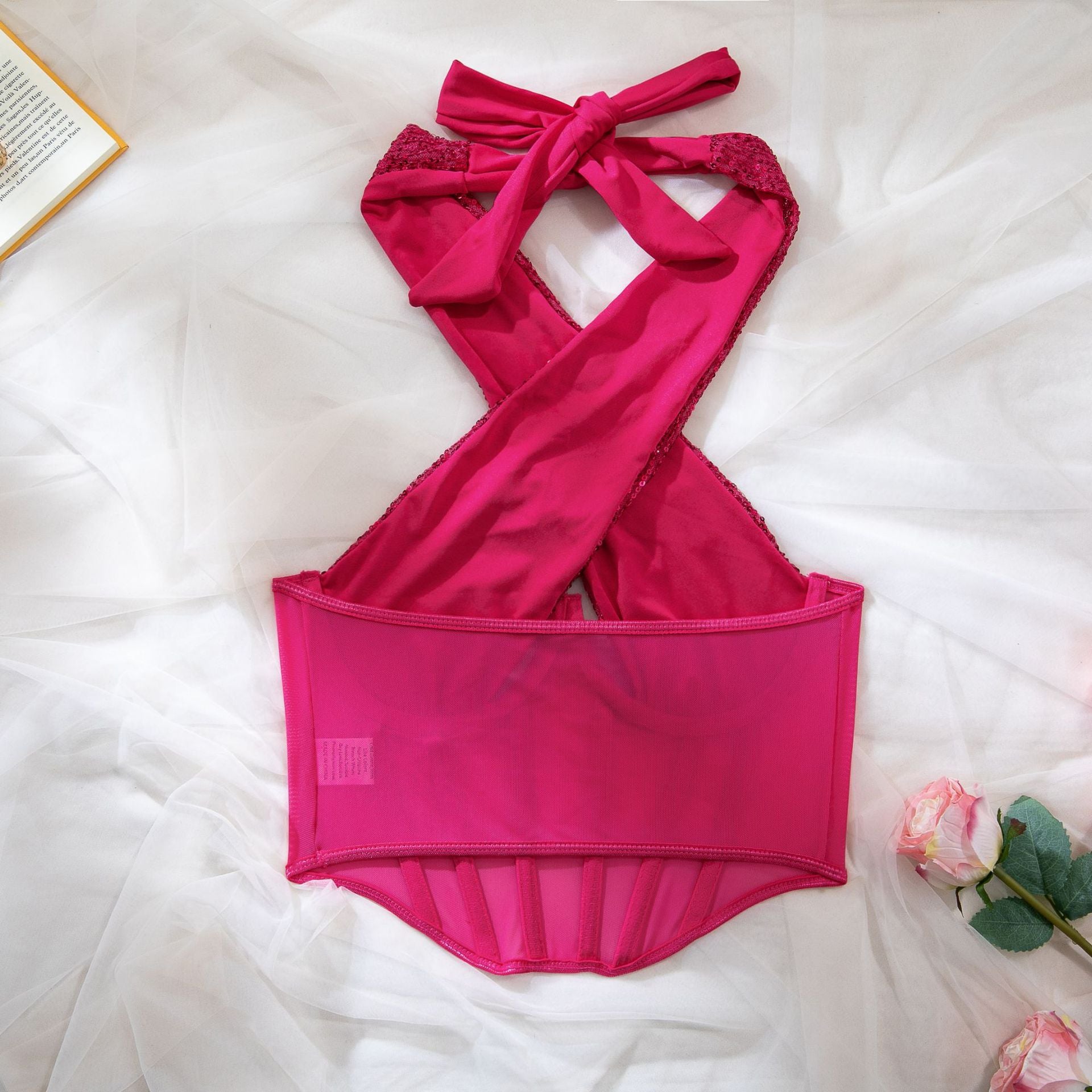 Sequin Crossover Halter Corset Top - Deep Cutout & Boned Mesh Panel