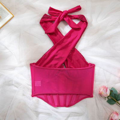 Sequin Crossover Halter Corset Top - Deep Cutout & Boned Mesh Panel