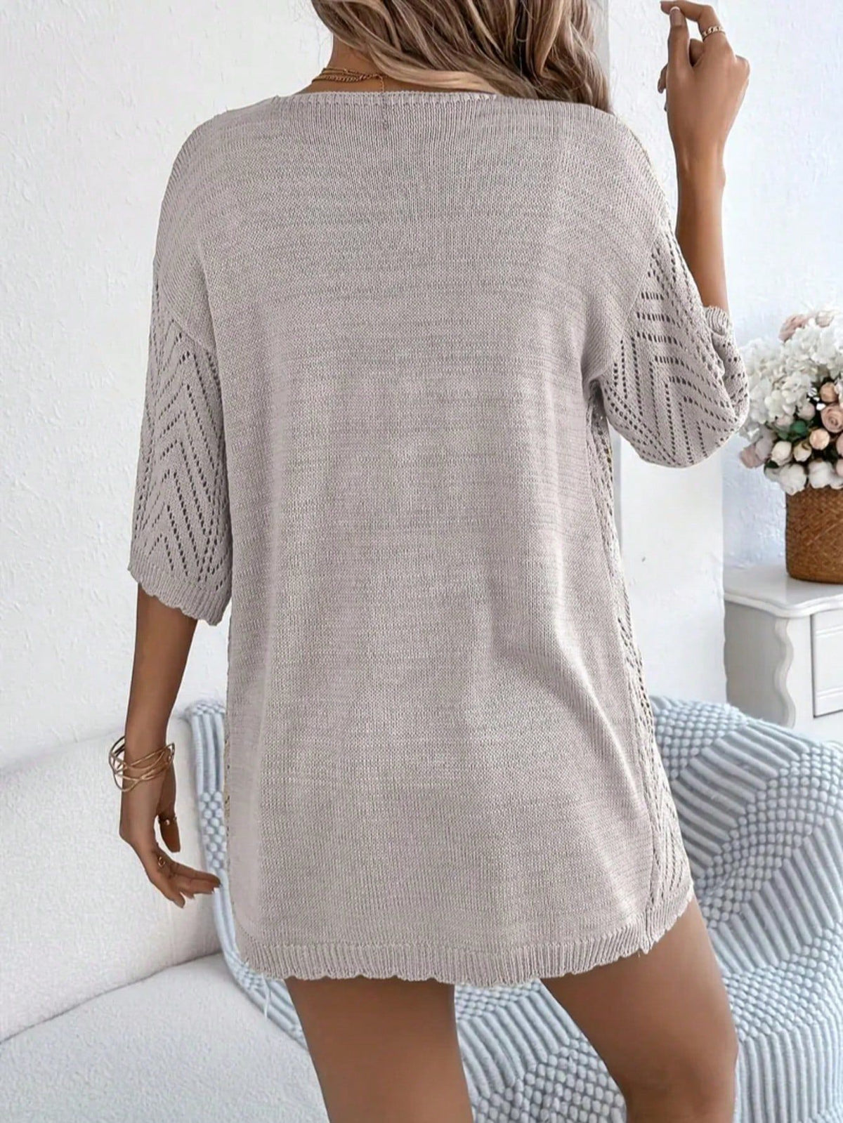 Women's Lightweight Open Front Knit Cardigan - Chevron Pointelle