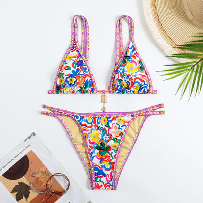 Colorful Floral Bikini Set - Triangle Top Chain Charm