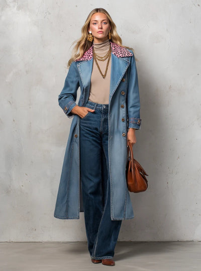 Women's blue denim trench coat with leopard-print collar and buttoned front