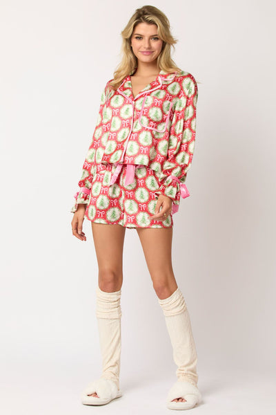 Christmas Pajama Shorts Set - Button Front and Sleeve Bows