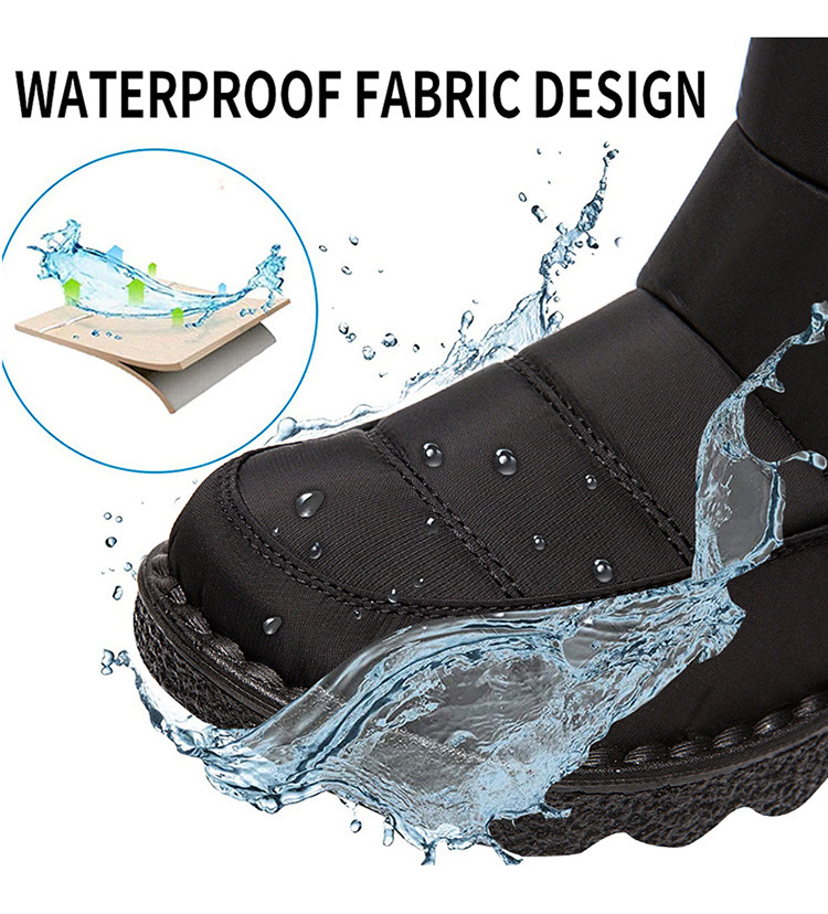 Black waterproof-look winter ankle boot with water-splash protection, close-up toe.