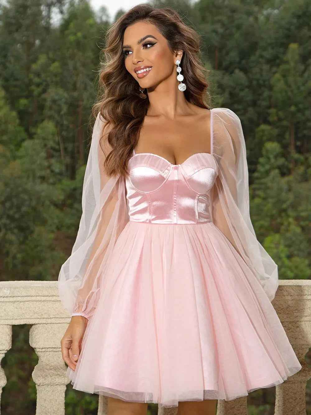 Blush Pink Mini Dress - Sweetheart Neck Balloon Sleeve Prom