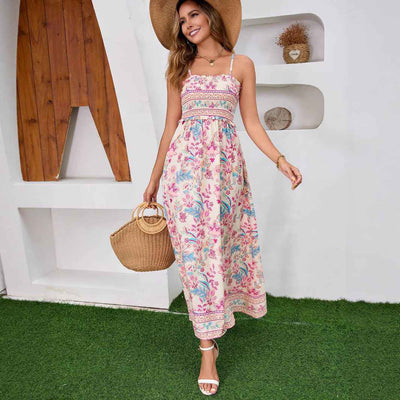 Ethnic Print Bohemian Maxi Dress - Backless Tie-Up Beach Style