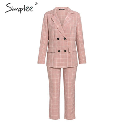 Pink plaid double-breasted blazer with black buttons and cropped pants, front view