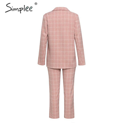 Pink plaid double-breasted blazer and cropped pants set, back view
